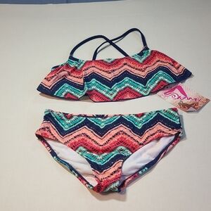 Kanu Surf Girls 2 Piece Swim Set - Multicolor Zigzag Top 14 Bottom 12 NWT